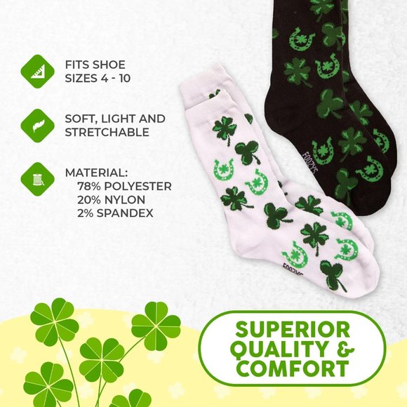 Luck Irish Four Leaf Clover Shamrock Horseshoe Green Foozys 2 Pair Women's Socks - Picture 3 of 5